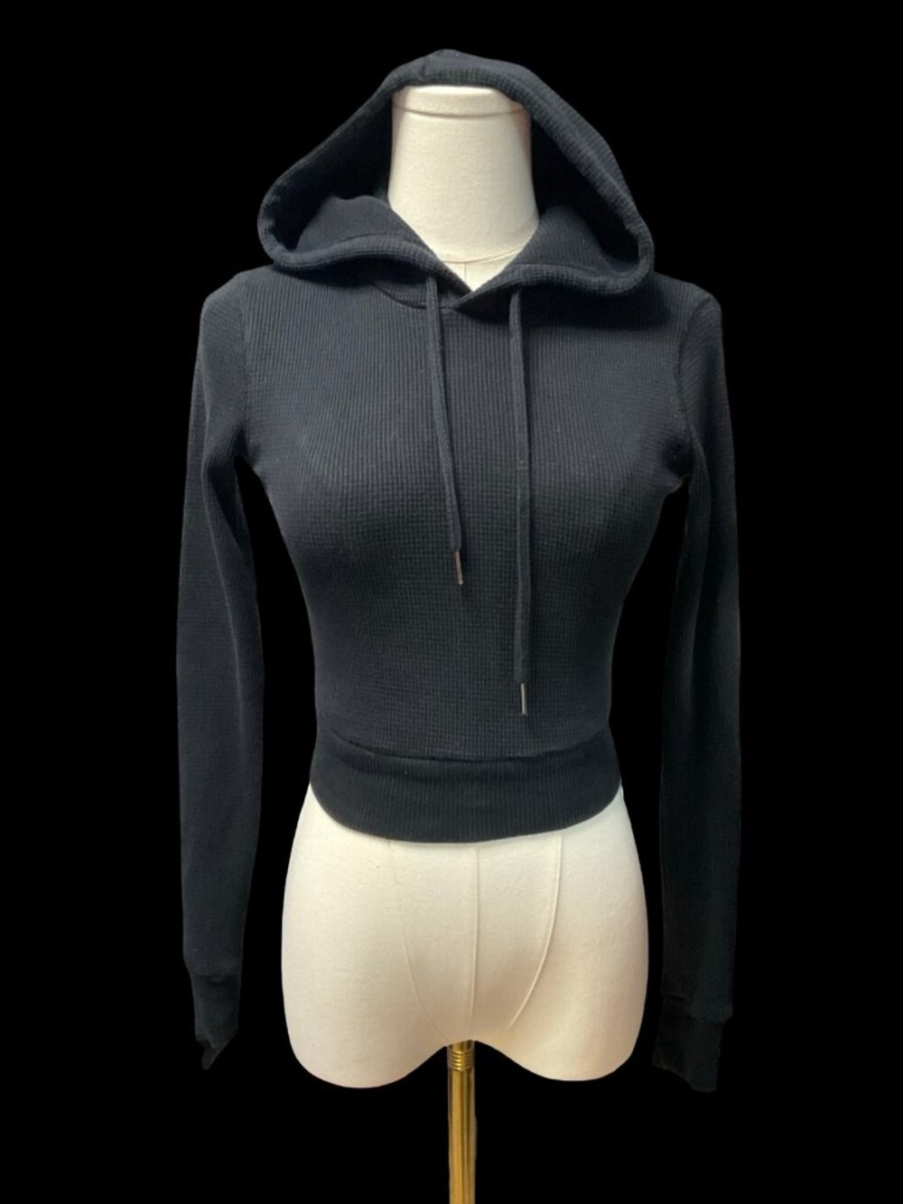 Black Waffle Knit Cropped Hoodie